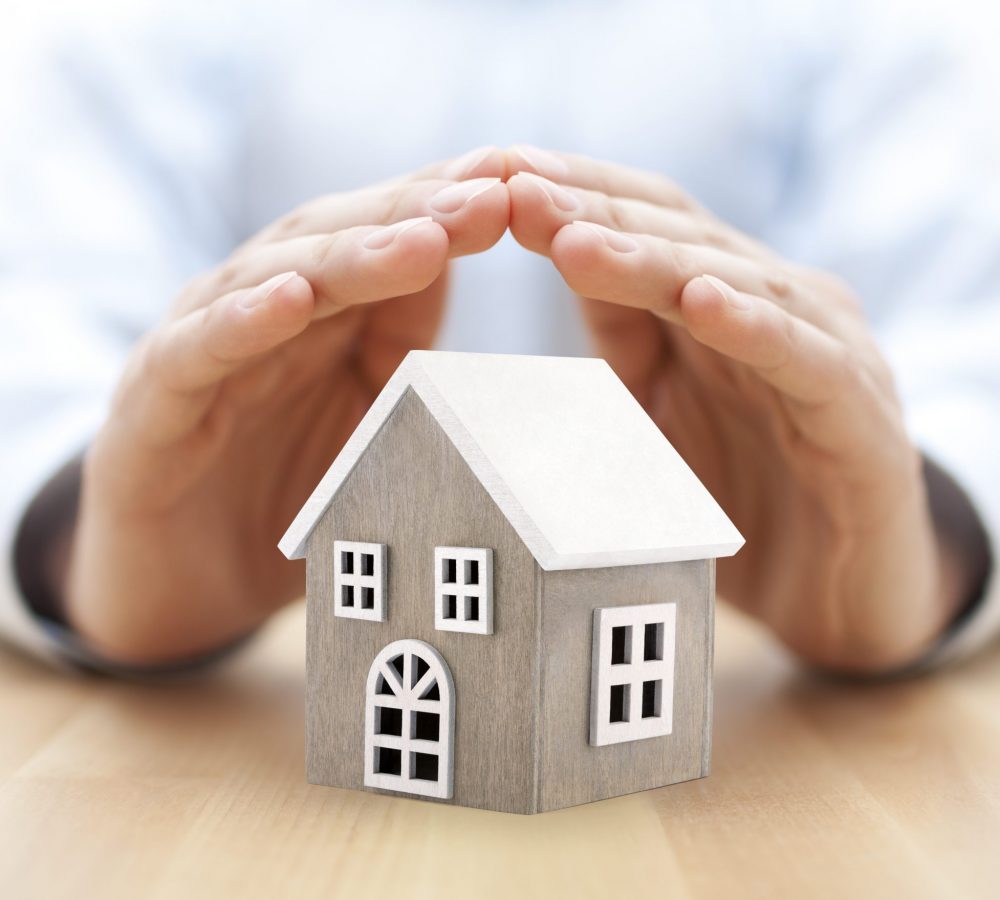 Small wooden house covered by hands